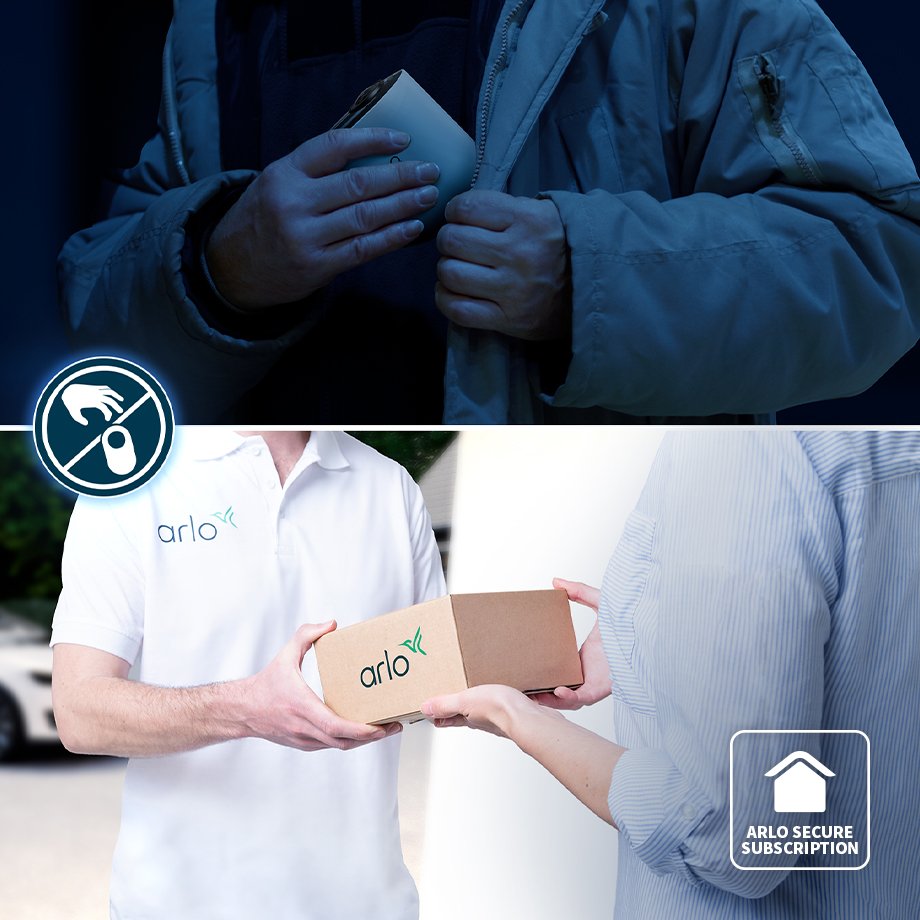 A person delivering a new package highlighting Arlo Secure's theft protection feature.
